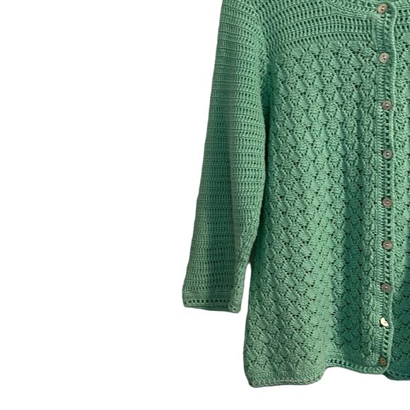 L.L Bean Sweater Women's Size Medium Petite Crochet Green 3/4 Sleeves - Picture 3 of 6